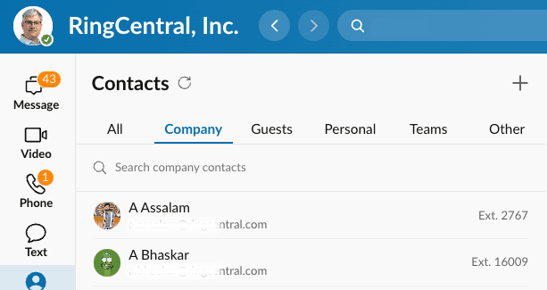 External contacts as seen in RingCentral app